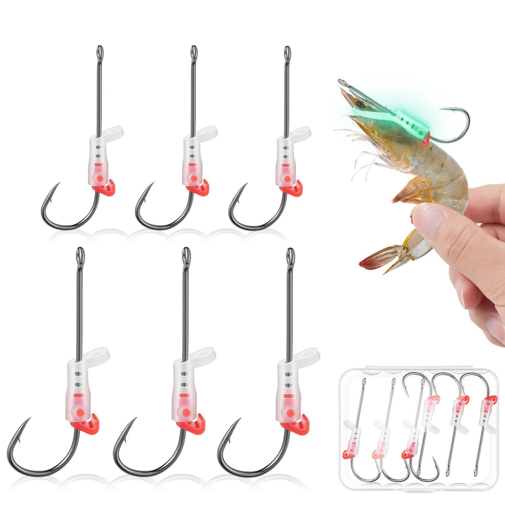 6-piece set of luminous live shrimp hooks in 2/0 and 3/0 sizes