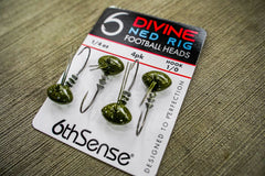 Divine Ned football head dual weed guards reduce hang-ups in vegetation.