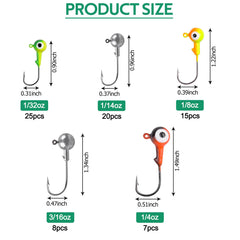 Round jig heads in 75-piece collection with multiple sizes