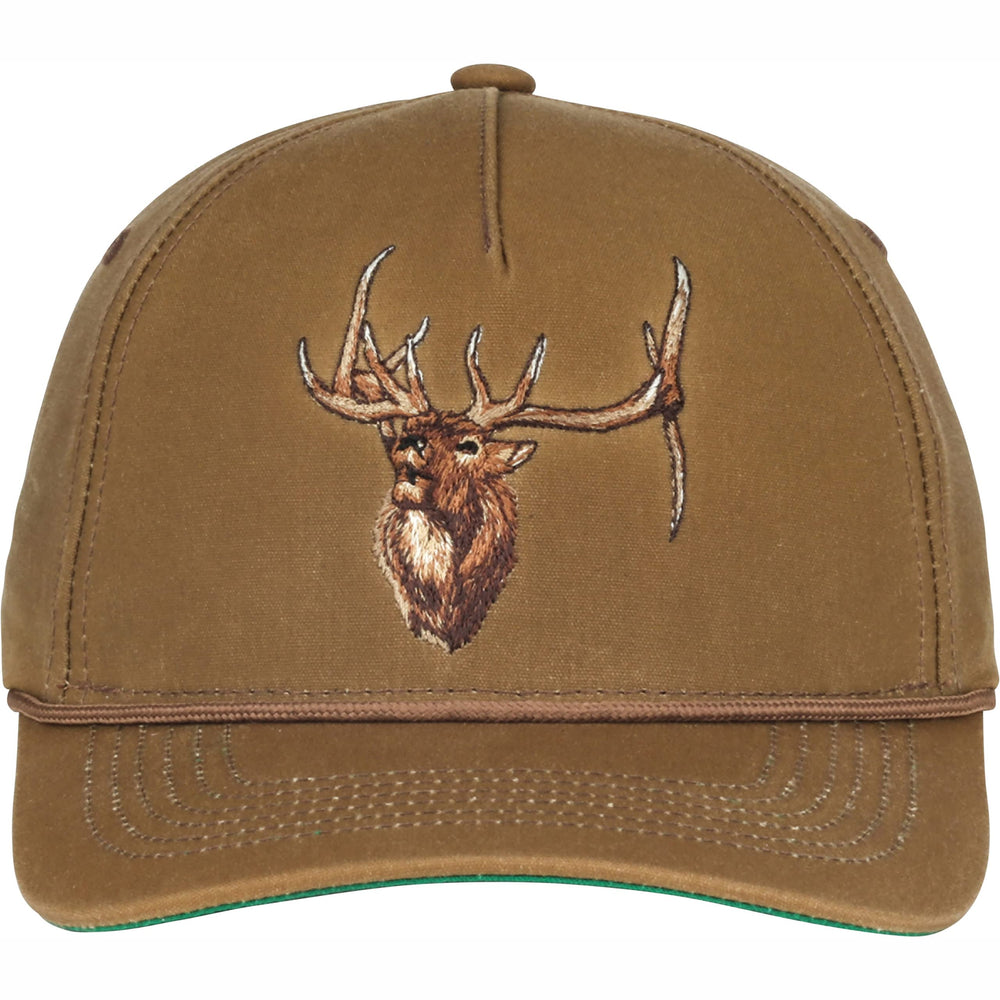 Front view of Vortex Royal Tine waxed snap back cap in waxed canvas