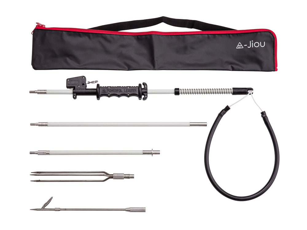 A MC JIOU fishing pole spear assembly shows modular parts for quick setup on the go