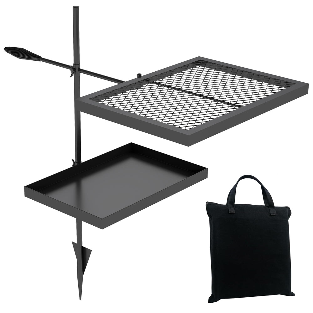 ABSCONDO height-adjustable campfire grill grate with swivel for flexible outdoor cooking.