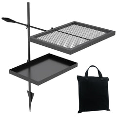 ABSCONDO height-adjustable campfire grill grate with swivel for flexible outdoor cooking.