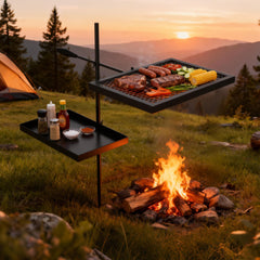 ABSCONDO swivel fire pit grate shows 360-degree rotation for even heating.
