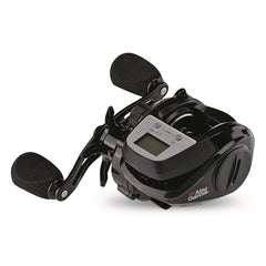 Abu Garcia Max Digital Line-Counter side profile emphasizes ergonomic bent handle for all-day comfort.
