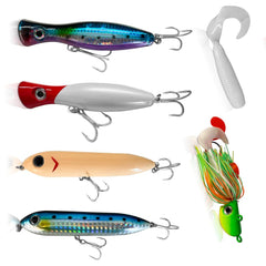 Aceanic poppers lure set shows loud topwater action for striped bass.