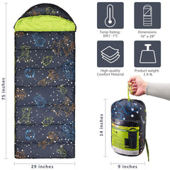 AceCamp glow-in-the-dark sleeping bag youth blue interior pocket detail.