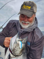 Acme Little Cleo lure side profile in silver-green for high visibility.