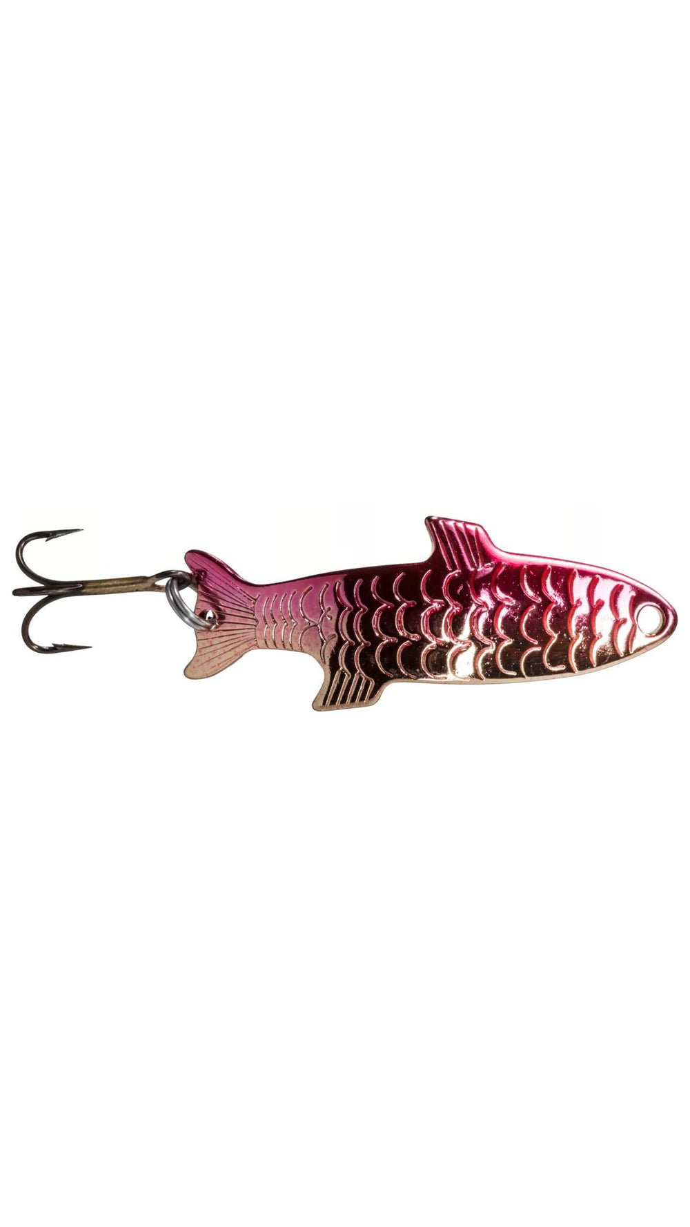 Acme Phoebe spinning lure front view shows gold-nickel-red finish for casting