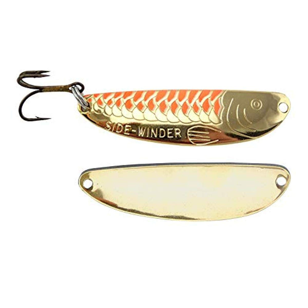 Acme Sidewinder 1/2oz gold orange stripe for ice jigging, attracts wary trophy fish with fluttering action.
