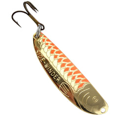 Acme Sidewinder one-third oz gold fluorescent orange stripe lure ready for ice fishing