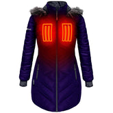 ActionHeat Long Puffer Indigo with detachable faux fur hood for portable warmth on commutes
