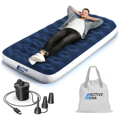 Active Era twin air mattress with built-in pump inflates quickly for camping.