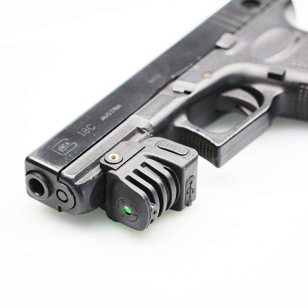 Ade Advanced Optics LSL8G-1 green laser sight mounted on a rail for fast targeting.