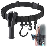 Two D-rings, two snap hooks, and one C-hook on the belt