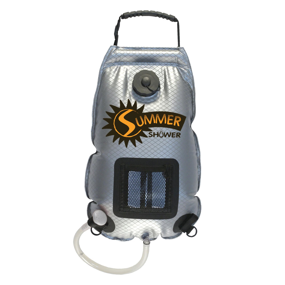Advanced Elements Summer Shower under sun with solar panel heating water for outdoor use.