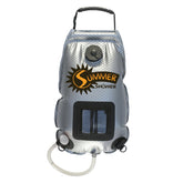 Advanced Elements Summer Shower under sun with solar panel heating water for outdoor use.