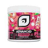Advanced Hydration Lychee Rush bottle closeup, caffeine-free electrolyte mix for all-day hydration.
