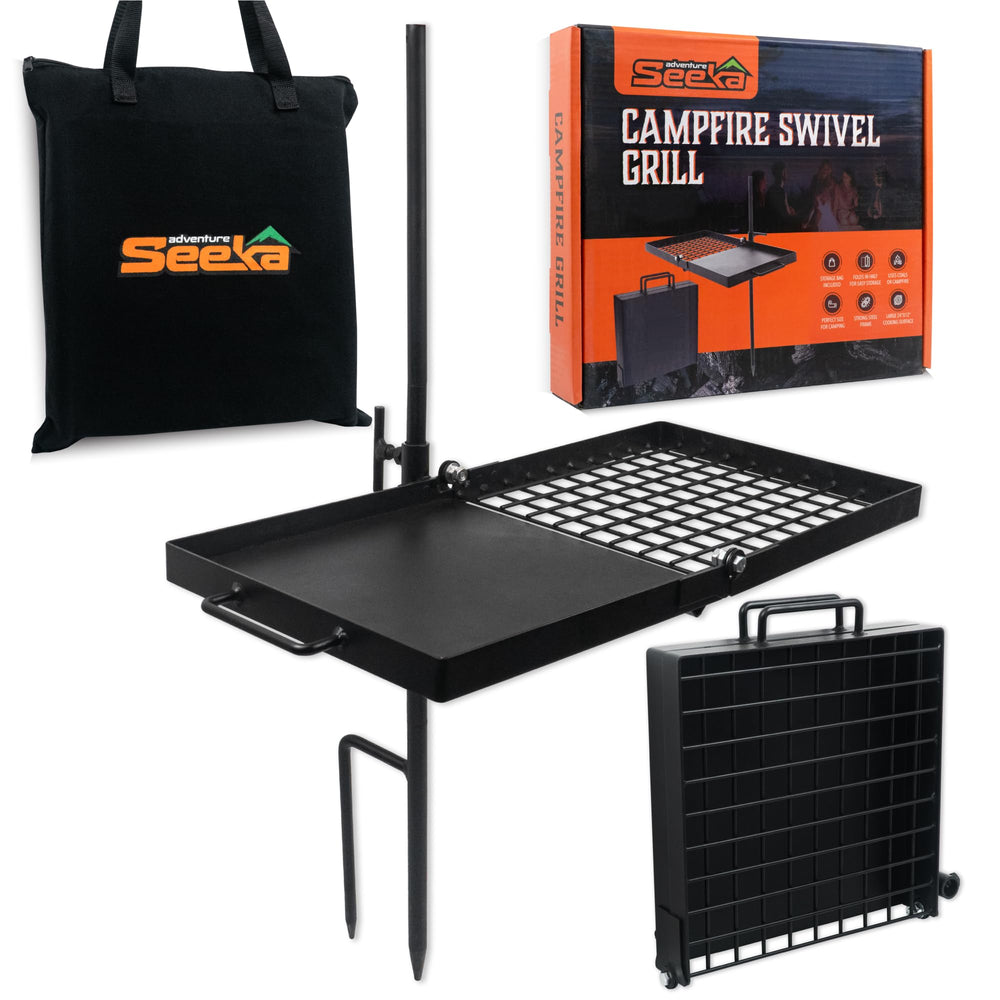 Adventure Seeka 24-inch heavy-duty folding campfire grill showing durable exterior for outdoor meals