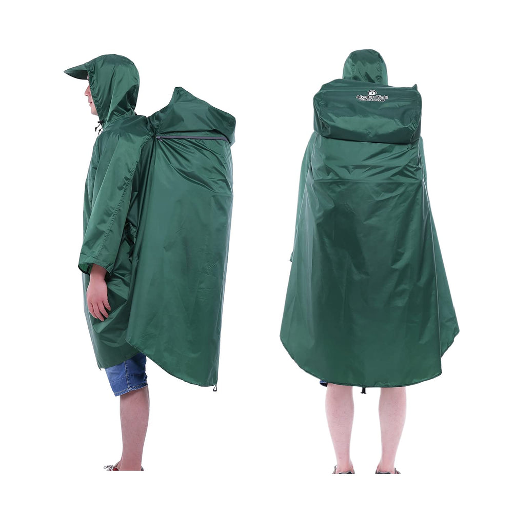 Adventure World Globotrekker backpack poncho forest green front view offering rain protection