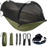 Advokair camping hammock with mosquito net setup showing tent-like shelter for mosquito-free relaxation