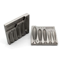 Close-up of the 5-cavity sinker mold showing detailed cavities