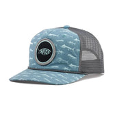 AFTCO Big 3 Trucker Hat front view with saltwater artwork for sun protection.