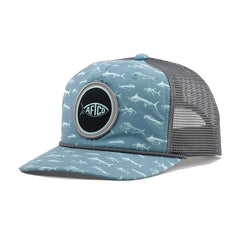 AFTCO Big 3 Trucker Hat front view with saltwater artwork for sun protection.