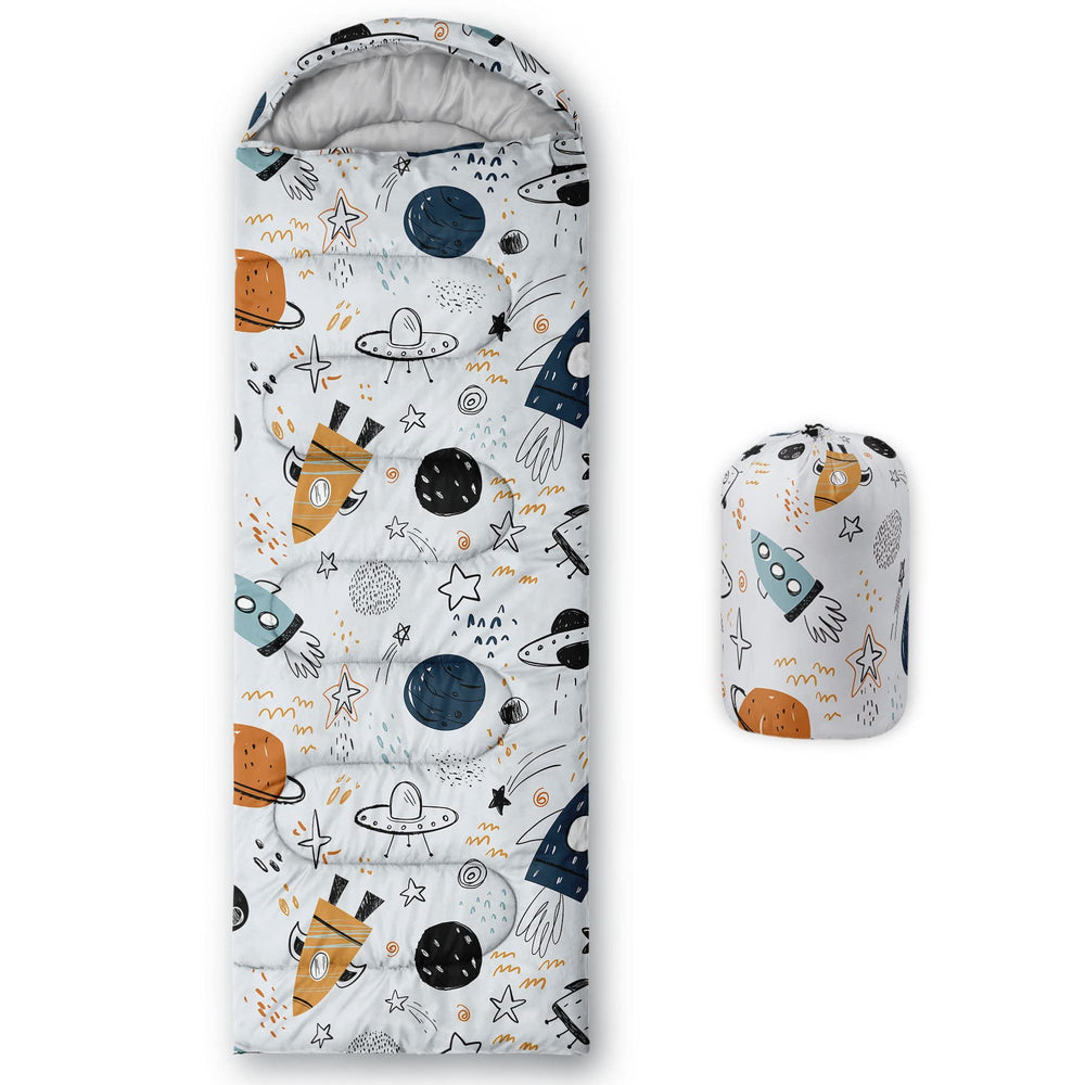 AGANS Datura kids sleeping bag with spaceship print, front view for cozy camping warmth