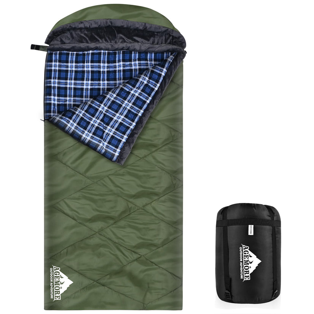 AGEMORE cotton flannel sleeping bag fleece hood closeup highlights warmth and comfort for cold-weather camping.