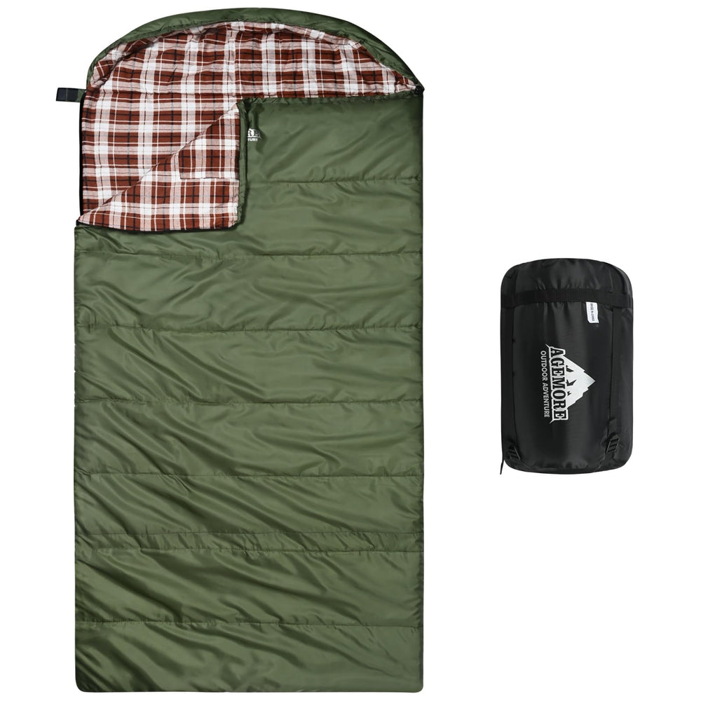 AGEMORE cotton flannel sleeping bag with soft lining for skin-friendly comfort outdoors.