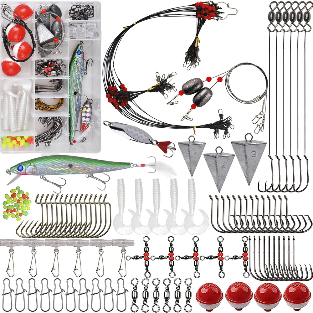 AGOOL saltwater fishing kit contents show diverse lures and rigs for beach and pier fishing.