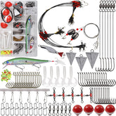 AGOOL saltwater fishing kit contents show diverse lures and rigs for beach and pier fishing.