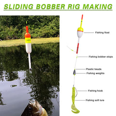 Bobber stops on fishing line demonstrating securing a float