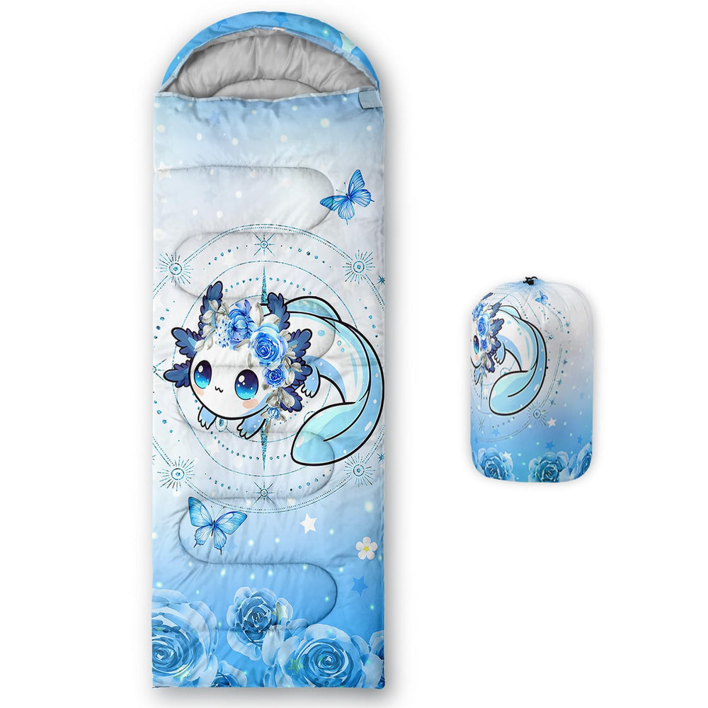 AILONEN Kawaii Aoloxal sleeping bag front view for kids, ideal for family camping adventures.