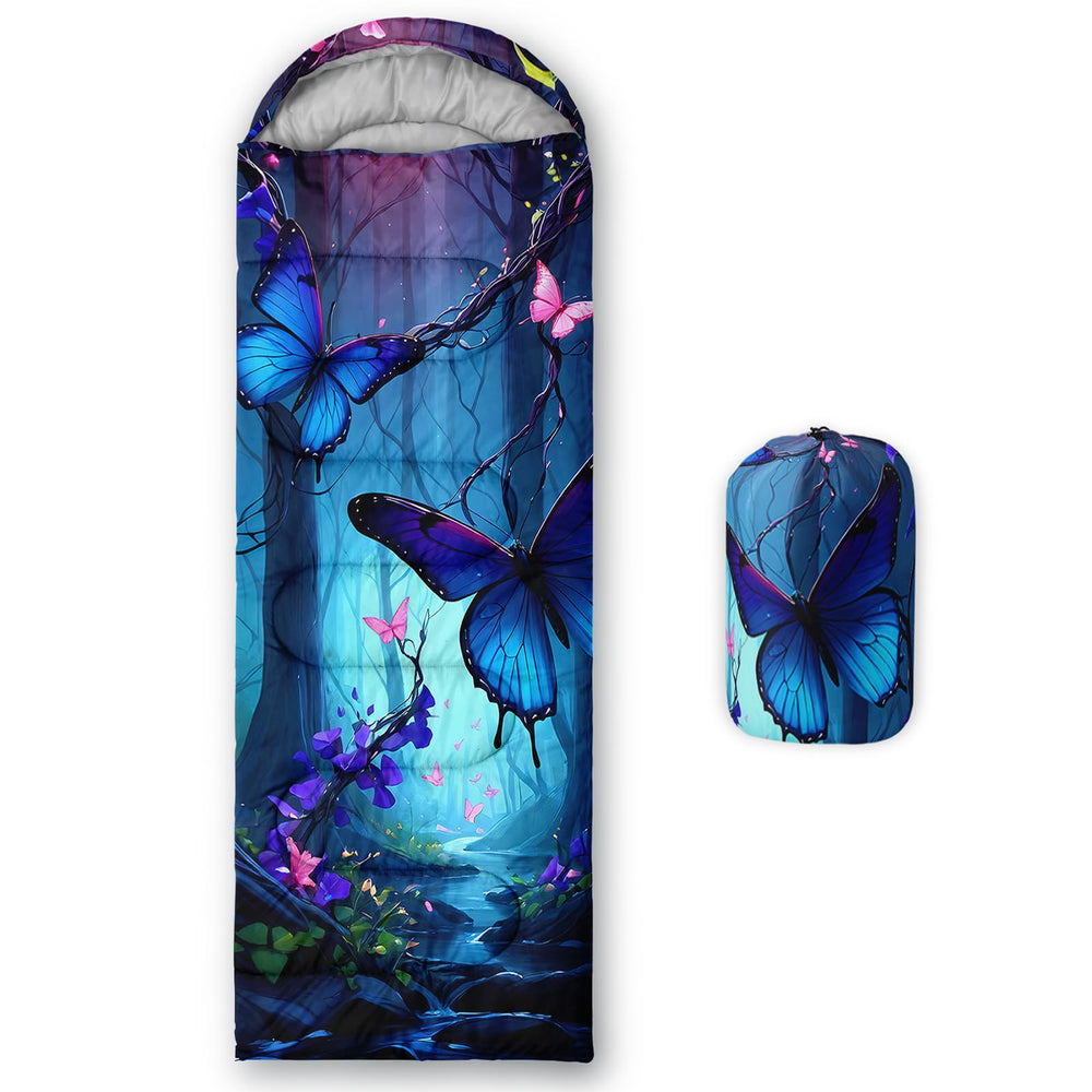 AILONEN blue butterfly sleeping bag front view shows travel-ready compact design