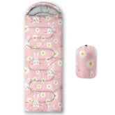 AILONEN Bunny pink slumber bag closed for compact camping warmth.