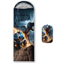 AILONEN dinosaur-truck sleeping bag 3D print closeup for kids' outdoor adventures.