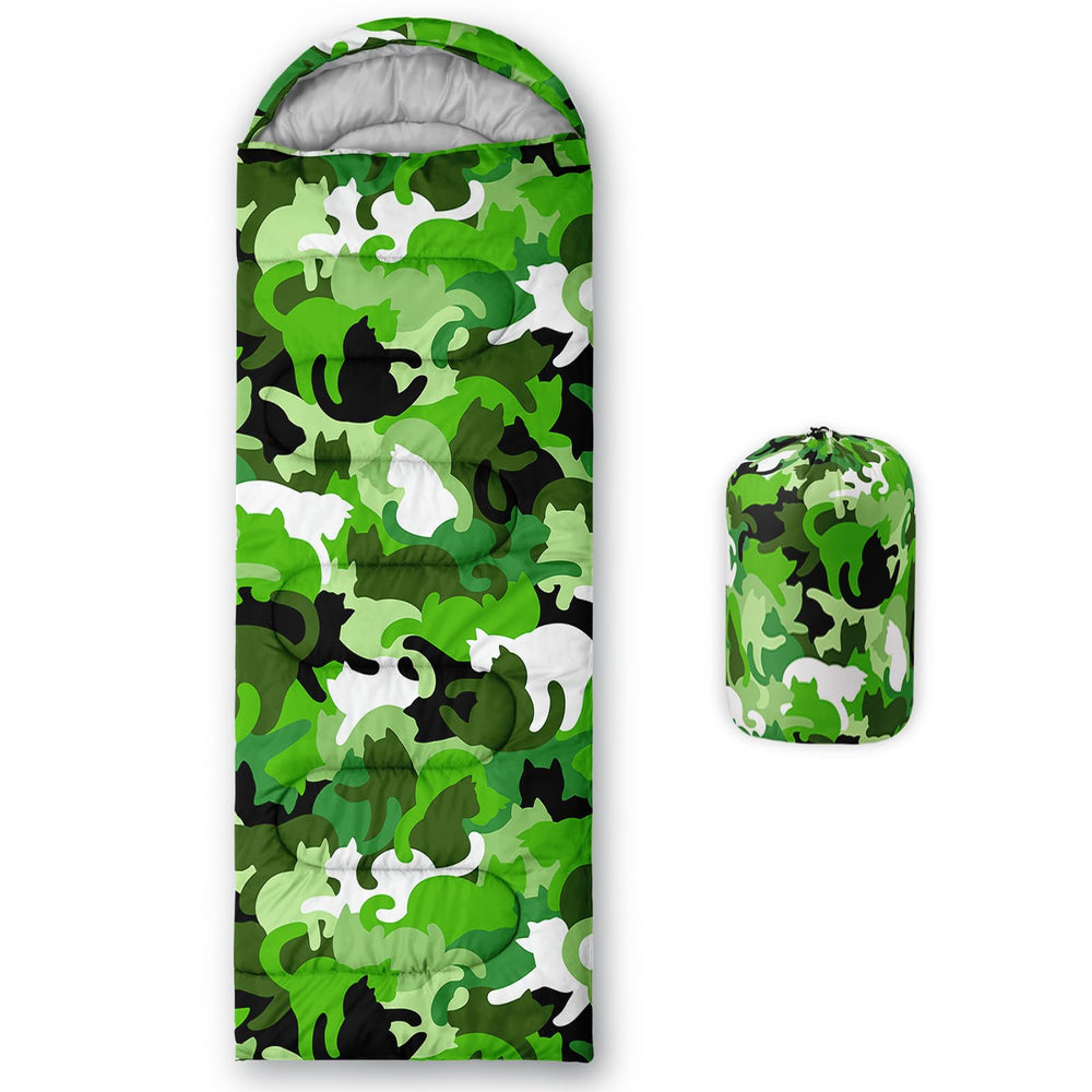 AILONEN sleeping bag cat-print green camo close-up shows plush microfiber comfort for outdoor rest.