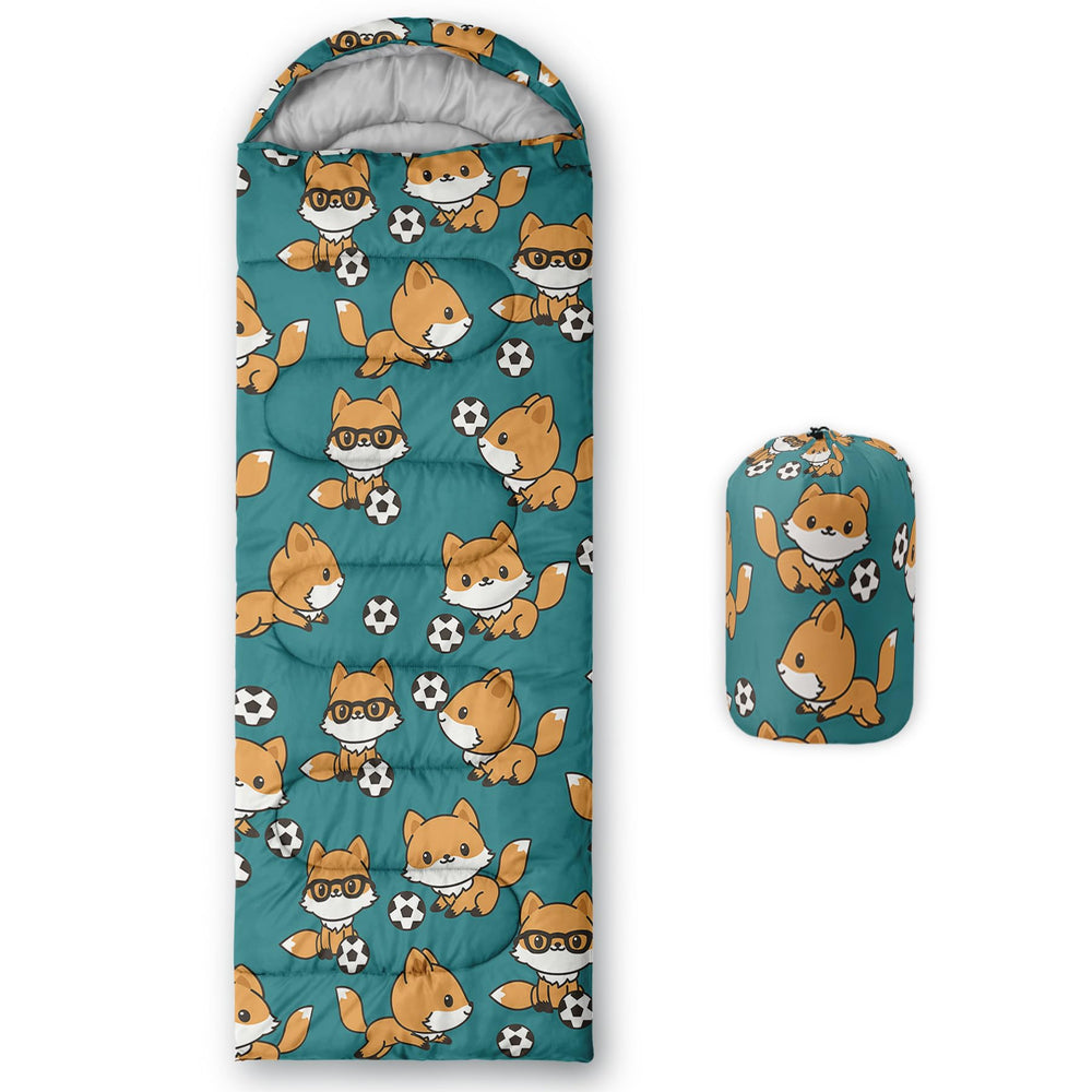 AILONEN sleeping bag with fox print blue close-up shows plush microfiber texture for cozy outdoor nights.
