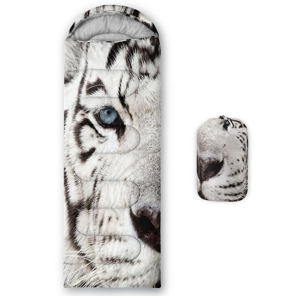 AILONEN White Tiger sleeping bag closed shows waterproof shell for outdoor use