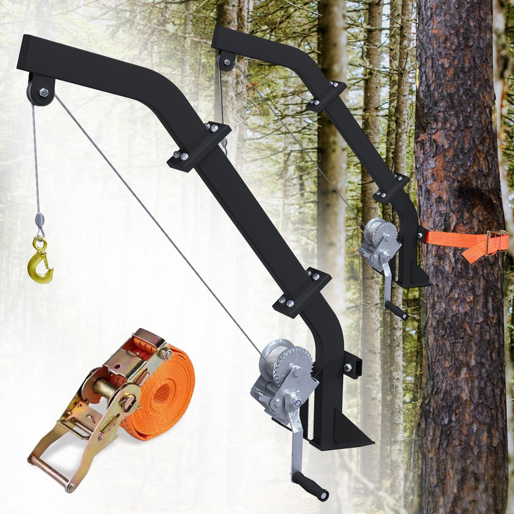 Aimax Outdoor tree-mounted game hoist with winch ready for field dressing and easy setup.