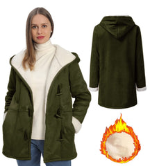 AI'MOURI sherpa hooded winter coat close-up on hood demonstrates plush insulation
