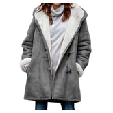 AI'MOURI windproof sherpa parka front view shows warm fleece hood for cold days