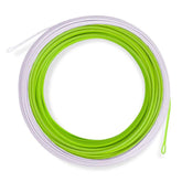 Airflo Ridge 2.0 universal taper fly line in chartreuse and white, highly visible on water surface.