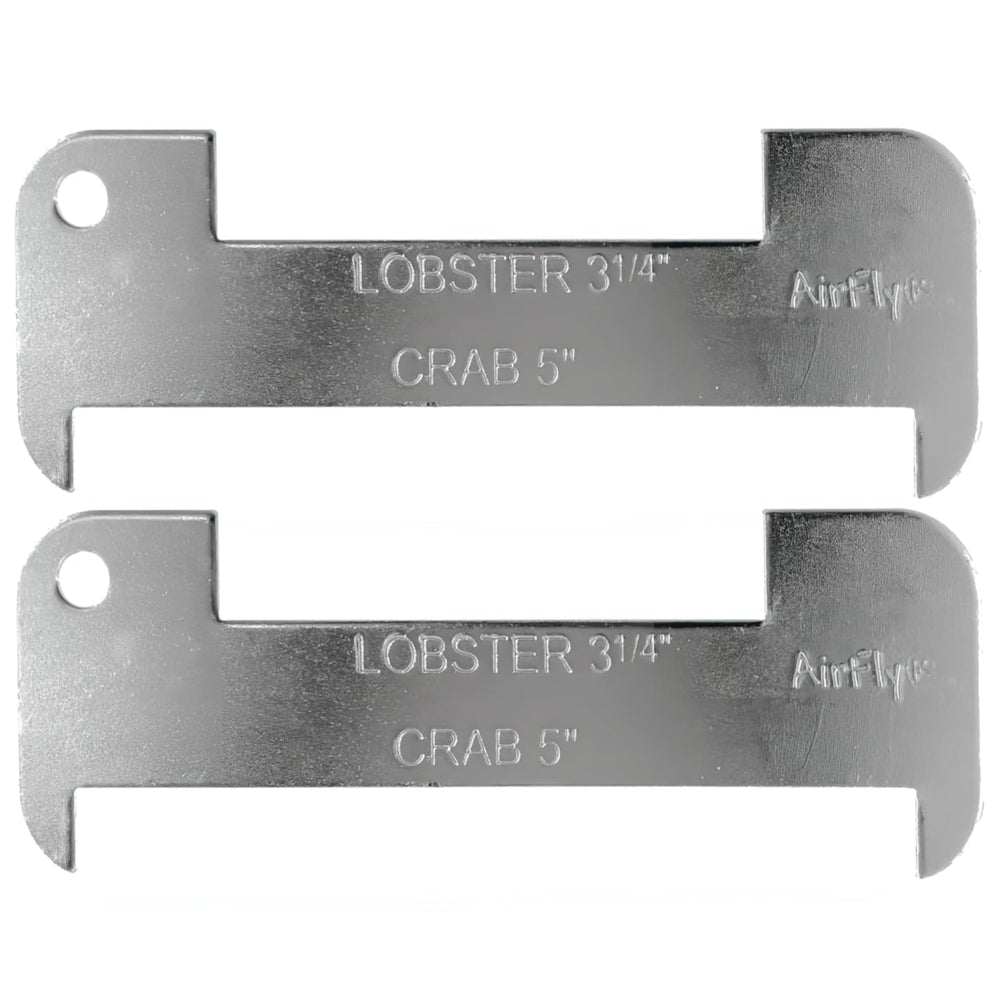 Front view of AirFly aluminum lobster and blue crab gauge showing 5in and 3 1/4in slots.