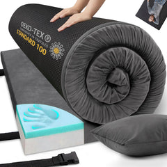 Airpanda memory foam camping mattress rolled for easy portability and storage.