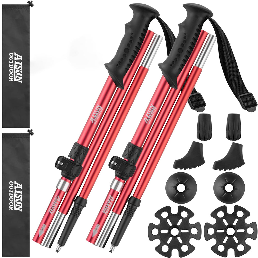 AISUNOUTDOOR red trekking poles extended to show adjustable height for versatile hiking.