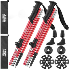 AISUNOUTDOOR red trekking poles extended to show adjustable height for versatile hiking.