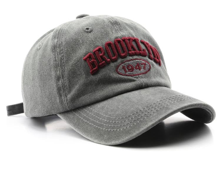 Ajux Vintage Dist distressed hat front view in grey denim for everyday wear.